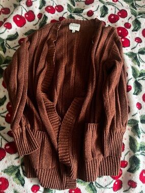 Pink Rose Ribbed Open-Front Cardigan in Deep Chestnut